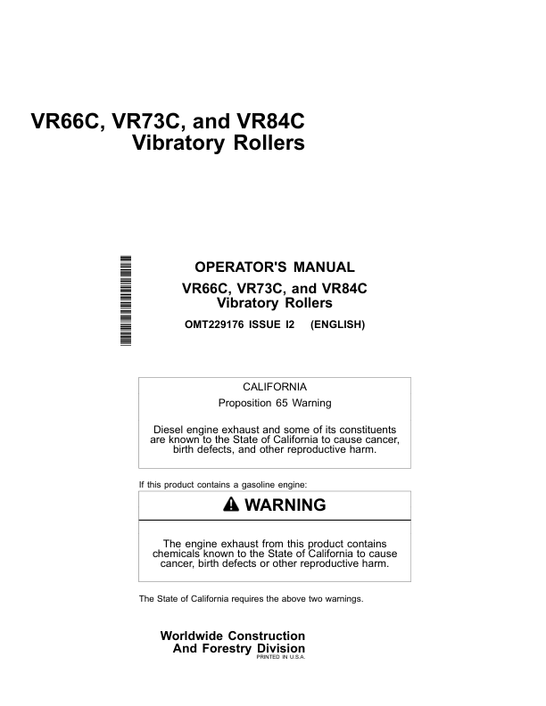 John Deere VR66C, VR73C, VR84C Worksite Pro Attachments Operator’s Manuals (OMT229176) Workshop Guide