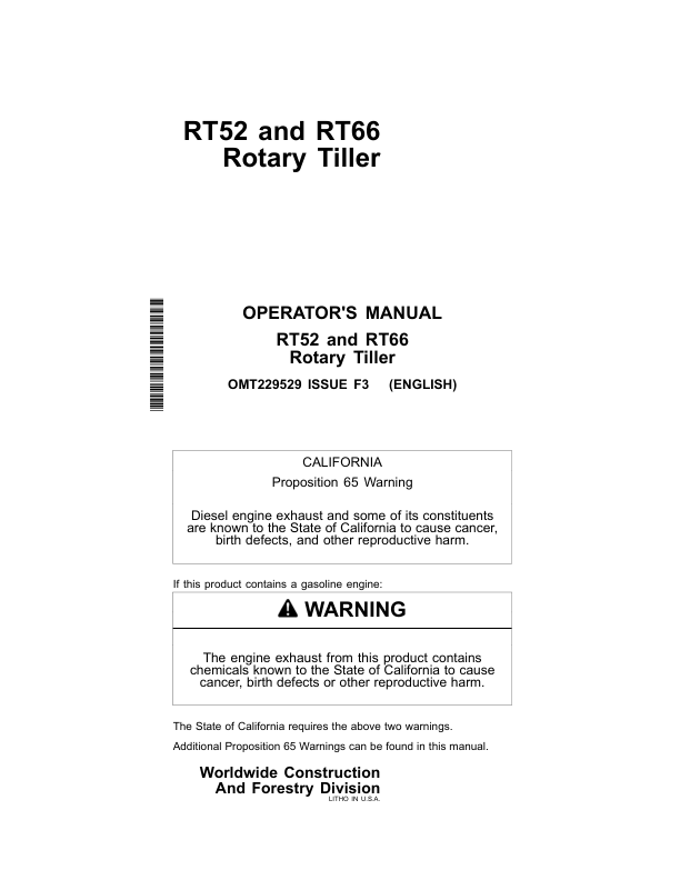 John Deere RT52, RT66 Attachments Operator’s Manuals (OMT229529) Workshop Guide