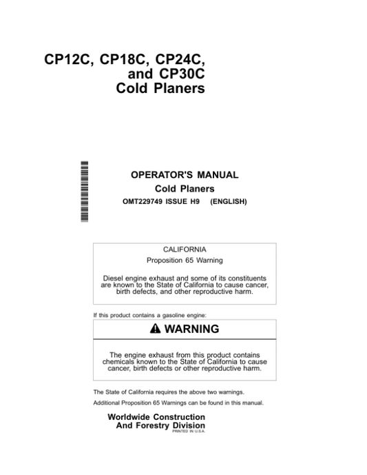 John Deere CP12C, CP18C, CP24C, CP30C Worksite Pro Attachments Operator’s Manuals (OMT229749) Workshop Guide