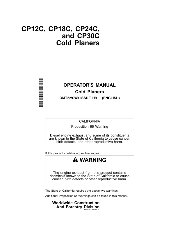 John Deere CP12C, CP18C, CP24C, CP30C Worksite Pro Attachments Operator’s Manuals (OMT229749) Workshop Guide