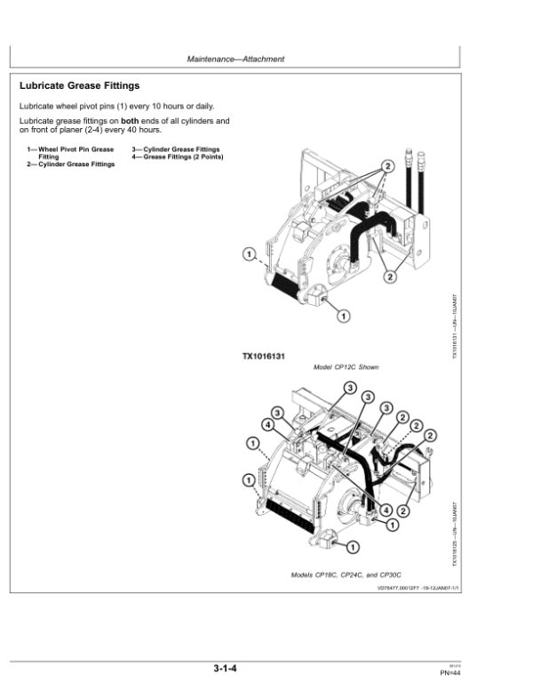 John Deere CP12C, CP18C, CP24C, CP30C Worksite Pro Attachments Operator’s Manuals (OMT229749) Workshop Guide