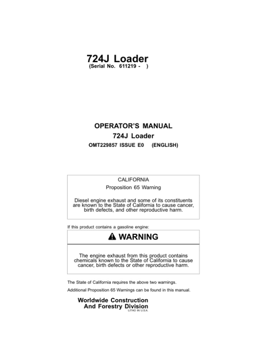 John Deere 724J Loaders Operator’s Manuals (OMT229857) Workshop Guide