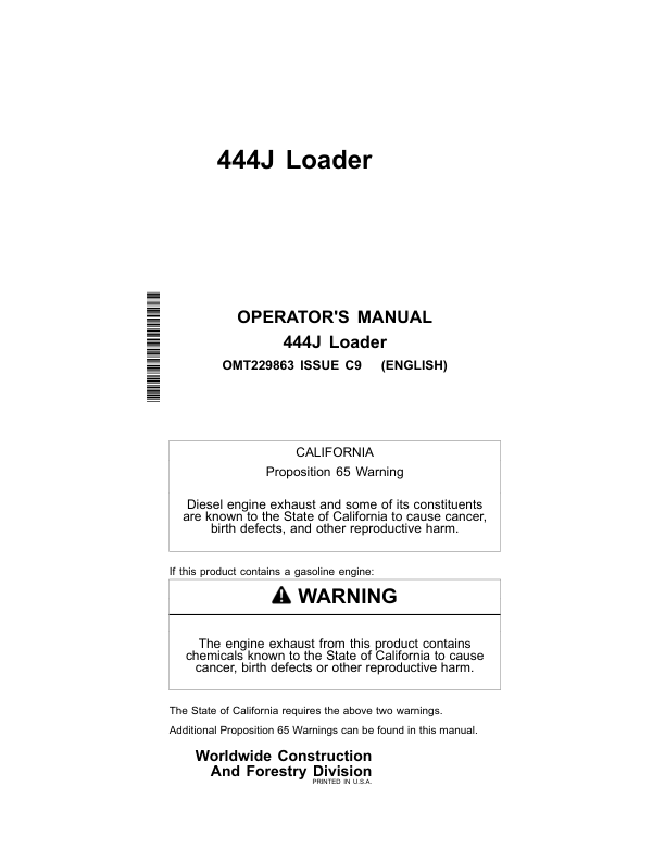 John Deere 444J Loaders Operator’s Manuals (OMT229863) Workshop Guide