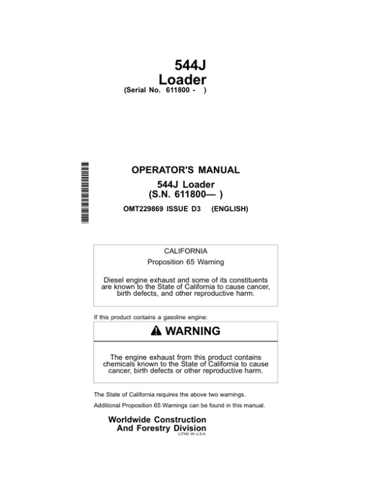 John Deere 544J Loaders Operator’s Manuals (OMT229869) Workshop Guide