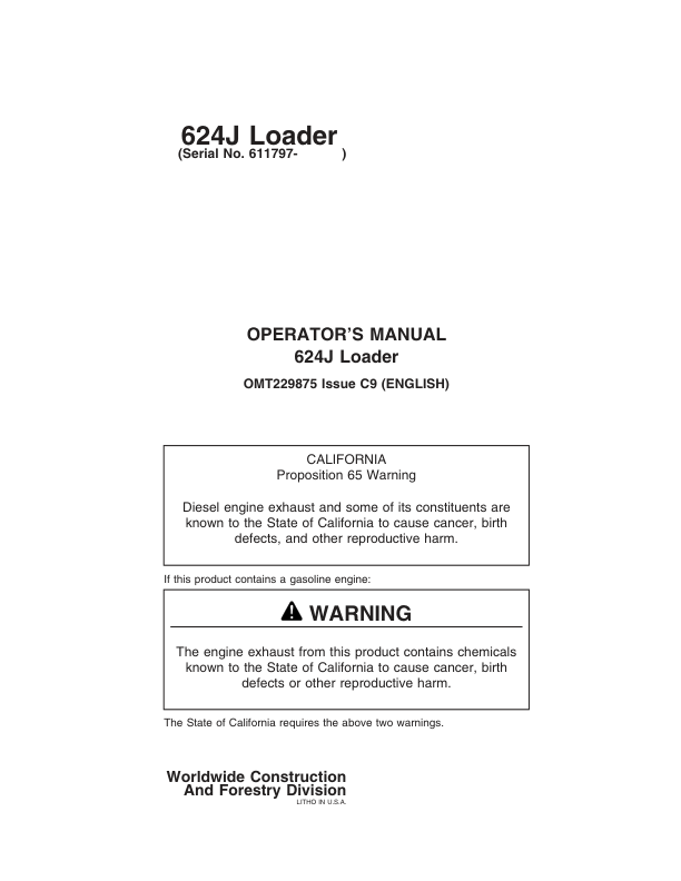 John Deere 624J Loaders Operator’s Manuals (OMT229875) Workshop Guide