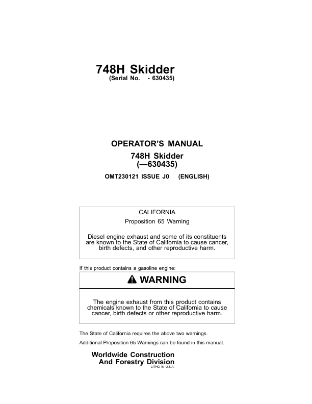 John Deere 748H Skidders Operator’s Manuals (OMT230121) Workshop Guide