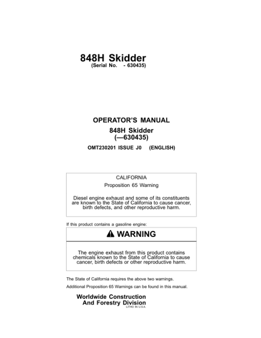 John Deere 848H Skidders Operator’s Manuals (OMT230201) Workshop Guide