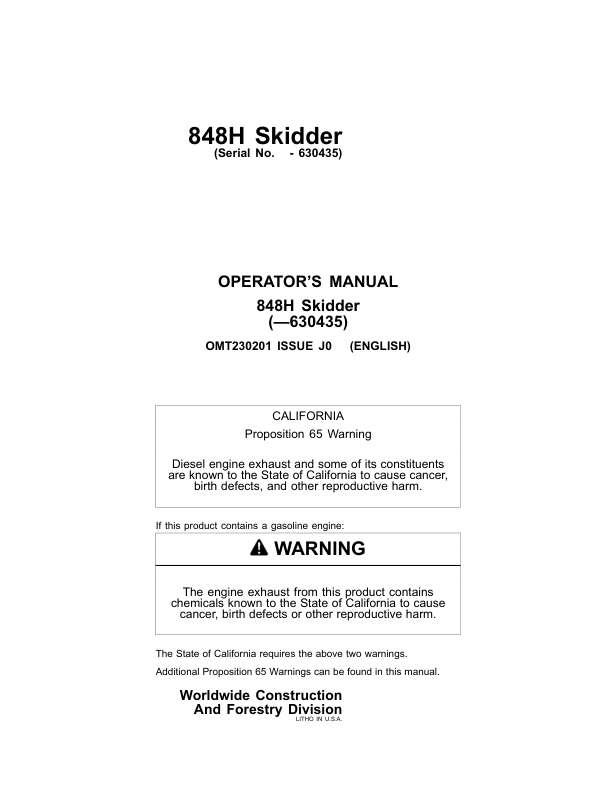 John Deere 848H Skidders Operator’s Manuals (OMT230201) Workshop Guide