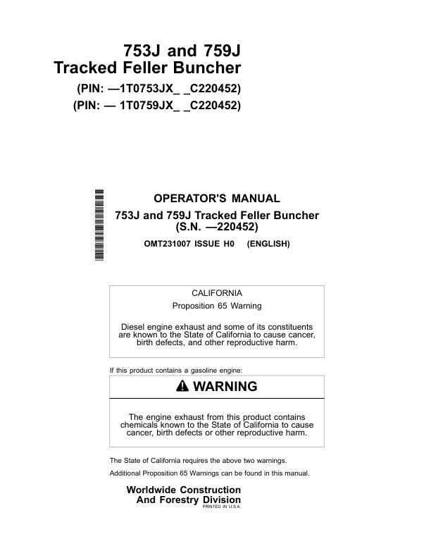 John Deere 753J, 759J Tracked Feller Bunchers Operator’s Manuals (OMT231007) Workshop Guide
