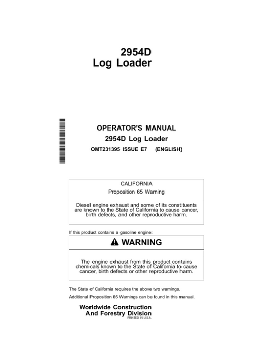 John Deere 2954D Loggers Operator’s Manuals (OMT231395) Workshop Guide