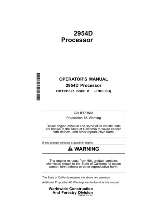 John Deere 2954D Loggers Operator’s Manuals (OMT231397) Workshop Guide