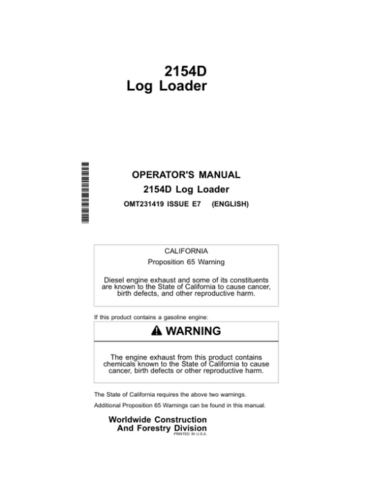 John Deere 2154D Log Loaders Operator’s Manuals (OMT231419) Workshop Guide