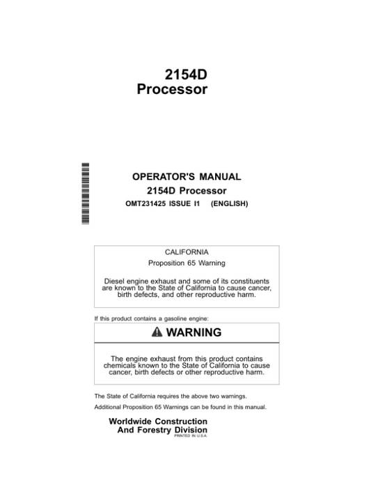 John Deere 2154D Processors Operator’s Manuals (OMT231425) Workshop Guide