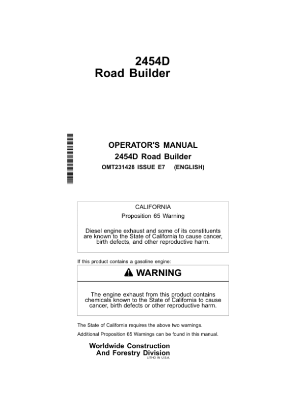 John Deere 2454D Road Builders Operator’s Manuals (OMT231428) Workshop Guide