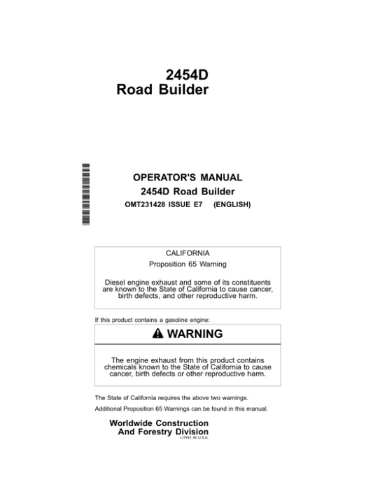 John Deere 2454D Road Builders Operator’s Manuals (OMT231428) Workshop Guide