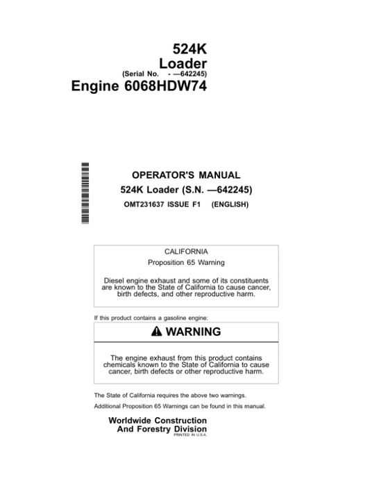 John Deere 524K Loaders Operator’s Manuals (OMT231637) Workshop Guide