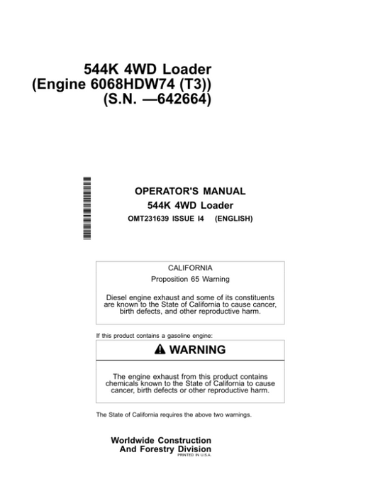 John Deere 544K Loaders Operator’s Manuals (OMT231639) Workshop Guide