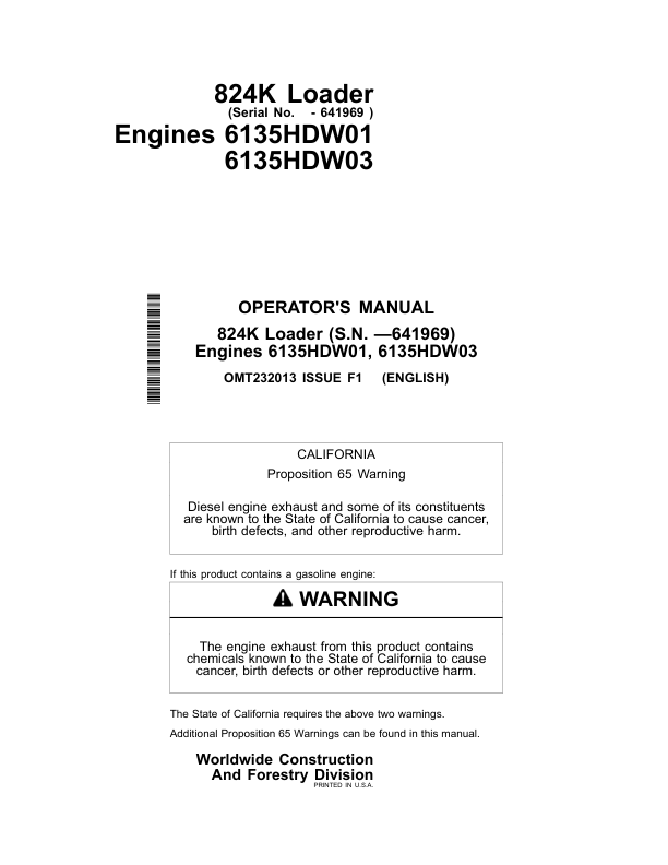 John Deere 824K Loaders Operator’s Manuals (OMT232013) Workshop Guide