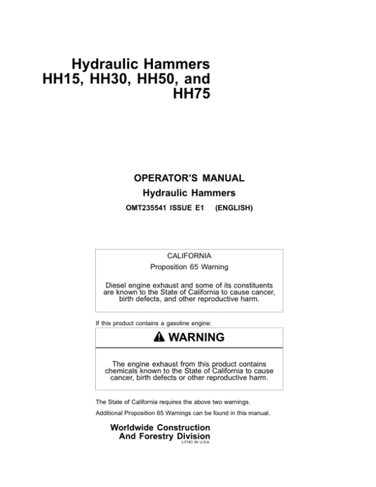John Deere HH15, HH30, HH50, HH75 Worksite Pro Attachments Operator’s Manuals (OMT235541) Workshop Guide