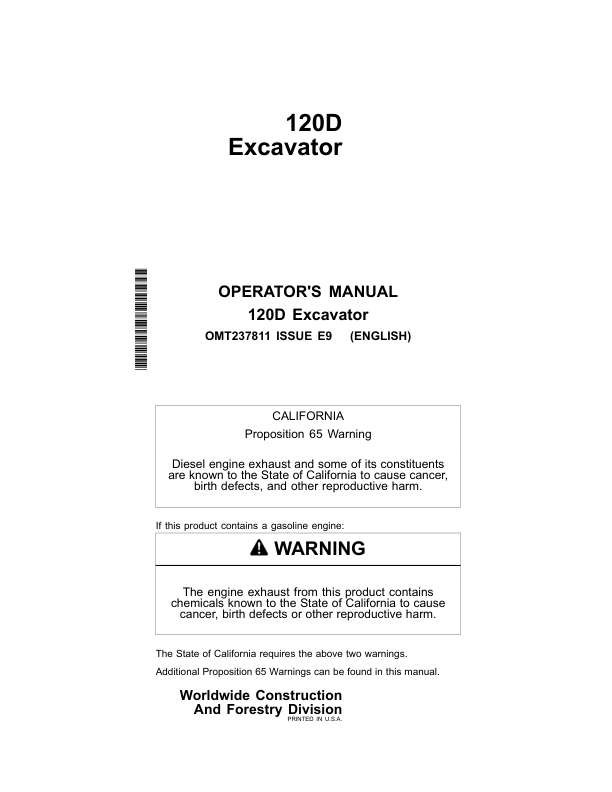 John Deere 120D Excavators Operator’s Manuals (OMT237811) Workshop Guide