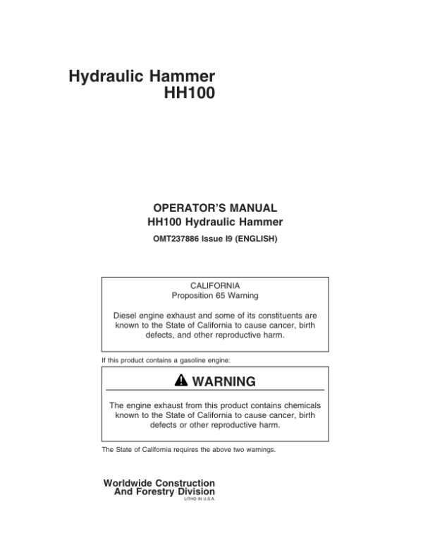 John Deere HH100 Hydraulic Hammers Operator’s Manuals (OMT237886) Workshop Guide