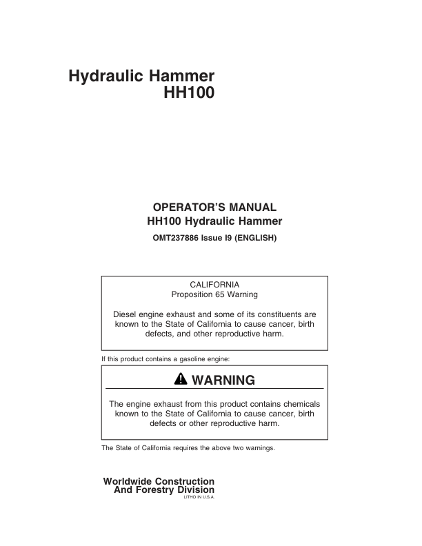 John Deere HH100 Hydraulic Hammers Operator’s Manuals (OMT237886) Workshop Guide