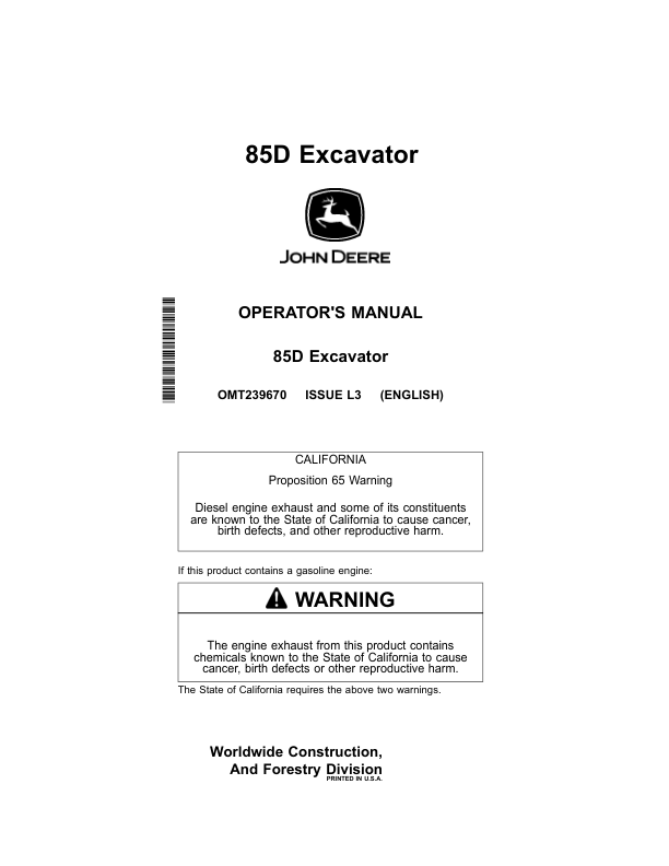 John Deere 85D Excavators Operator’s Manuals (OMT239670) Workshop Guide