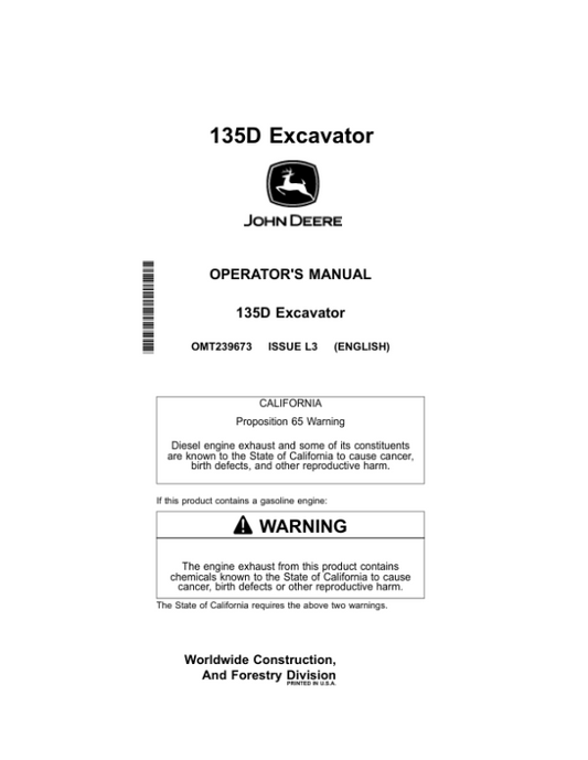 John Deere 135D Excavators Operator’s Manuals (OMT239673) Workshop Guide