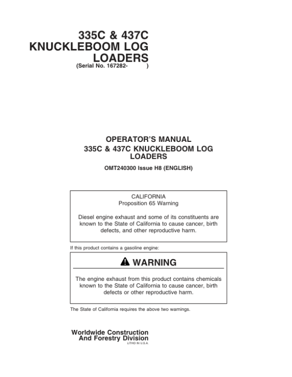 John Deere 335C, 437C Knuckleboom Loader Operator’s Manuals (OMT240300) Workshop Guide