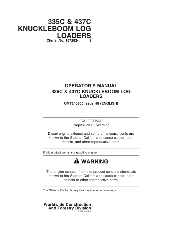 John Deere 335C, 437C Knuckleboom Loader Operator’s Manuals (OMT240300) Workshop Guide