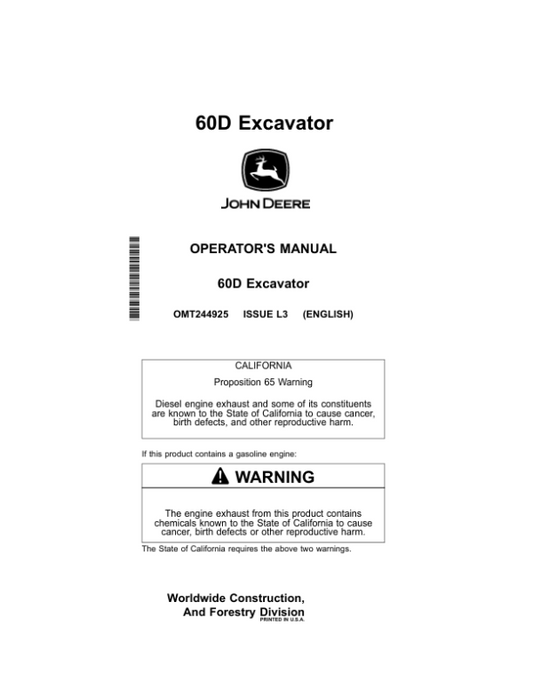 John Deere 60D Excavators Operator’s Manuals (OMT244925) Workshop Guide