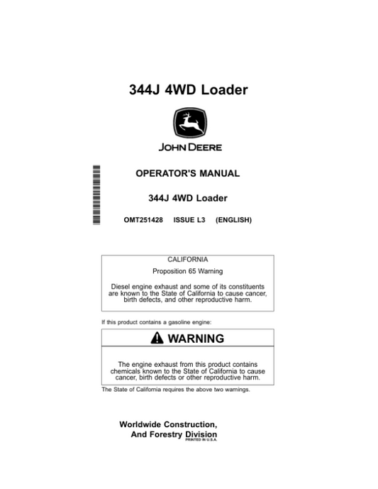 John Deere 344J Loaders Operator’s Manuals (OMT251428) Workshop Guide