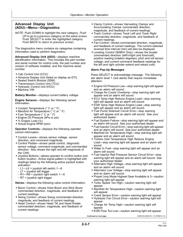 John Deere 903KH, 909KH Tracked Harvesters Operator’s Manuals (OMT253406) Workshop Guide