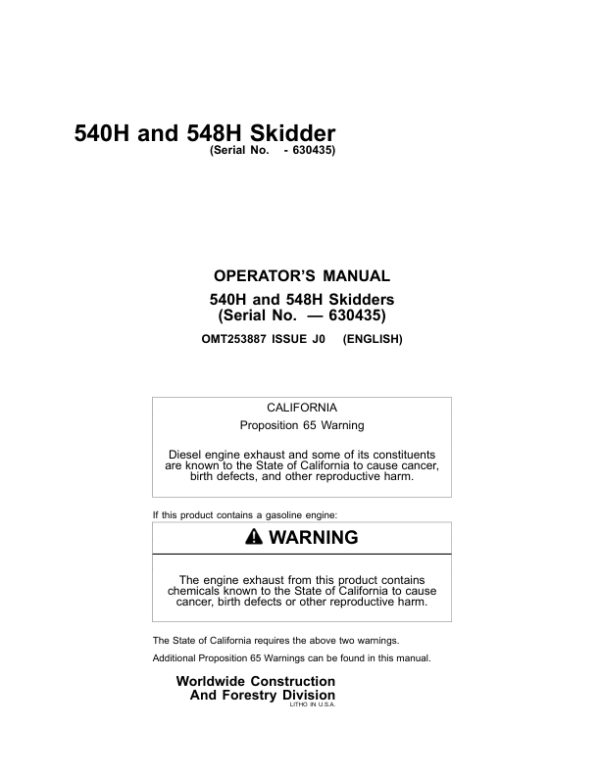 John Deere 540H, 548H Skidders Operator’s Manuals (OMT253887) Workshop Guide