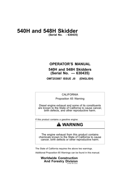 John Deere 540H, 548H Skidders Operator’s Manuals (OMT253887) Workshop Guide