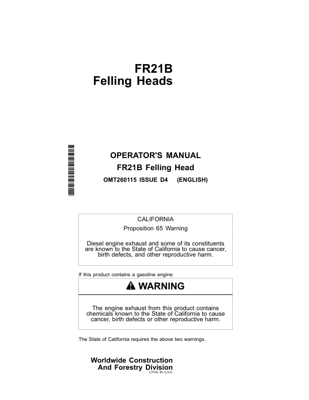 John Deere FR21B Felling Heads Operator’s Manuals (OMT260115) Workshop Guide