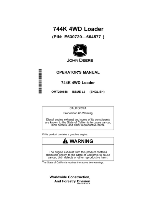 John Deere 744K Loaders Operator’s Manuals (OMT260548) Workshop Guide