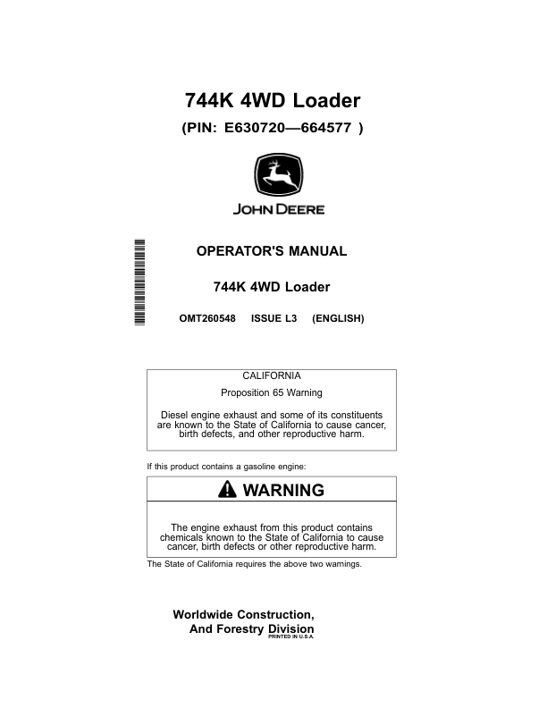 John Deere 744K Loaders Operator’s Manuals (OMT260548) Workshop Guide
