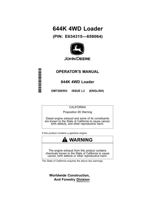 John Deere 644K Loaders Operator’s Manuals (OMT260553) Workshop Guide