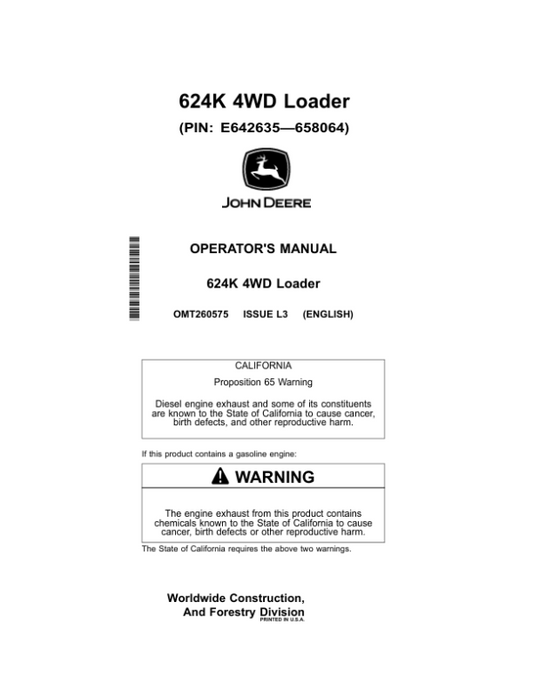 John Deere 624K Loaders Operator’s Manuals (OMT260575) Workshop Guide