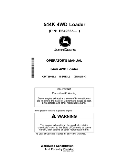 John Deere 544K Loaders Operator’s Manuals (OMT260582) Workshop Guide