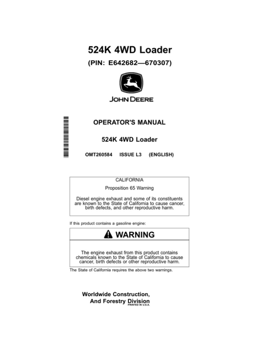 John Deere 524K Loaders Operator’s Manuals (OMT260584) Workshop Guide