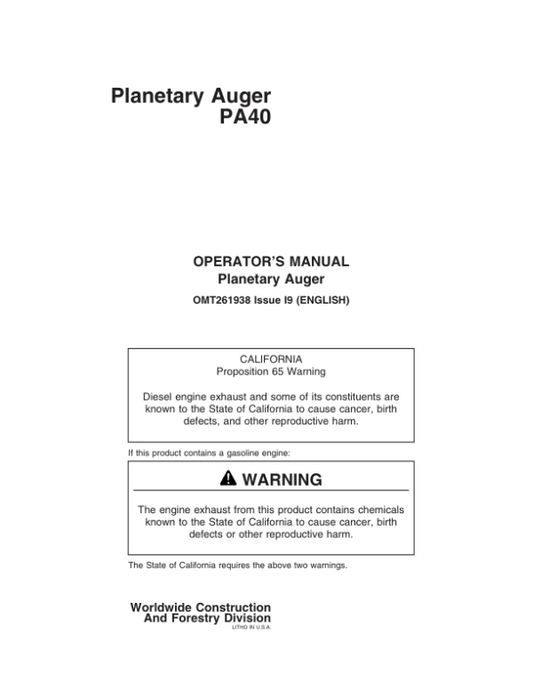 John Deere PA40 Worksite Pro Attachments Operator’s Manuals (OMT261938) Workshop Guide