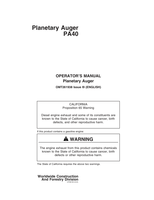 John Deere PA40 Worksite Pro Attachments Operator’s Manuals (OMT261938) Workshop Guide