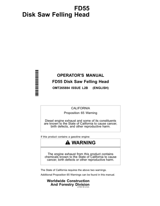 John Deere FD55 Felling Heads Operator’s Manuals (OMT265884) Workshop Guide