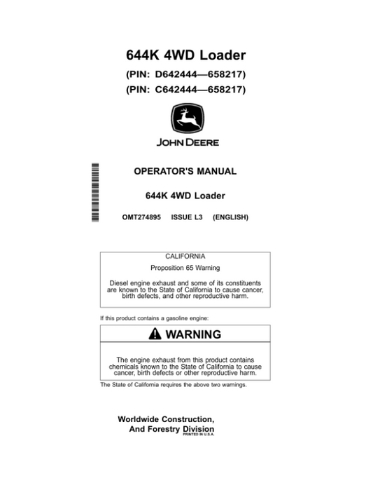 John Deere 644K Loaders Operator’s Manuals (OMT274895) Workshop Guide