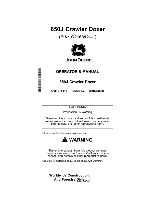 John Deere 850J Crawler Dozers Operator’s Manuals (OMT275118) Workshop Guide