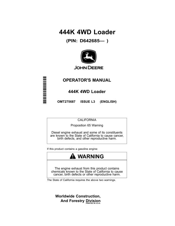 John Deere 444K Loaders Operator’s Manuals (OMT275687) Workshop Guide