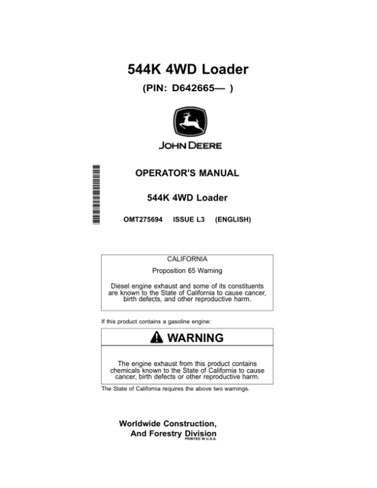 John Deere 544K Loaders Operator’s Manuals (OMT275694) Workshop Guide