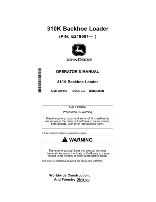 John Deere 310K Backhoe Loaders Operator’s Manuals (OMT281948) Workshop Guide
